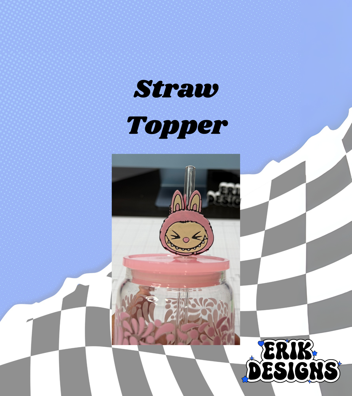 3D Pink face bubu Straw Topper